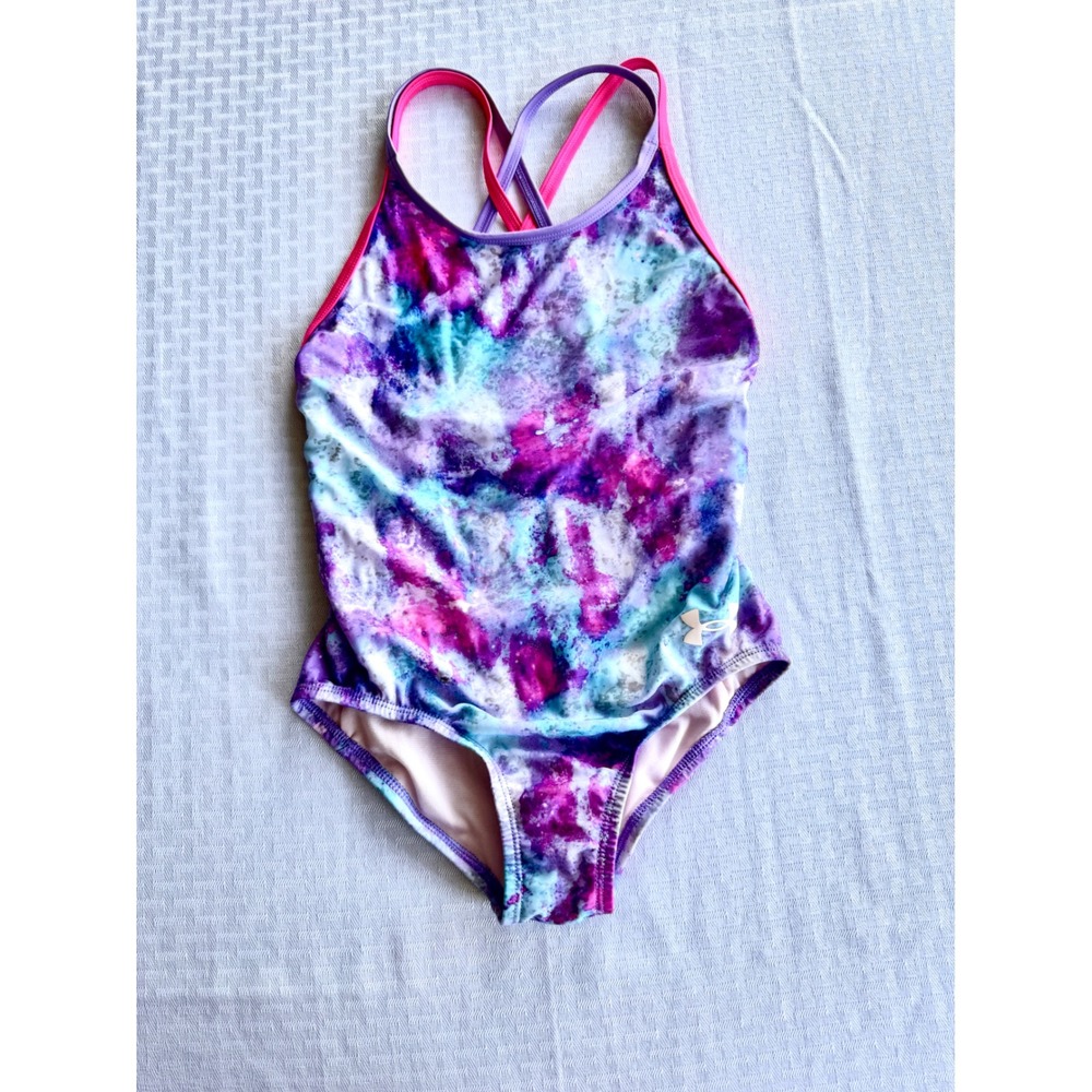 Under Armour Girls One Piece Swimsuit Sz 8 Tie Dye Galaxy‎ Racerback Purple Blue
